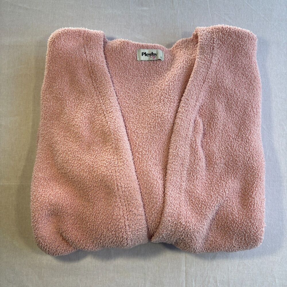 Pleshy Cozy Pink Boucle Textured Open Front Cardigan Pockets Women's S